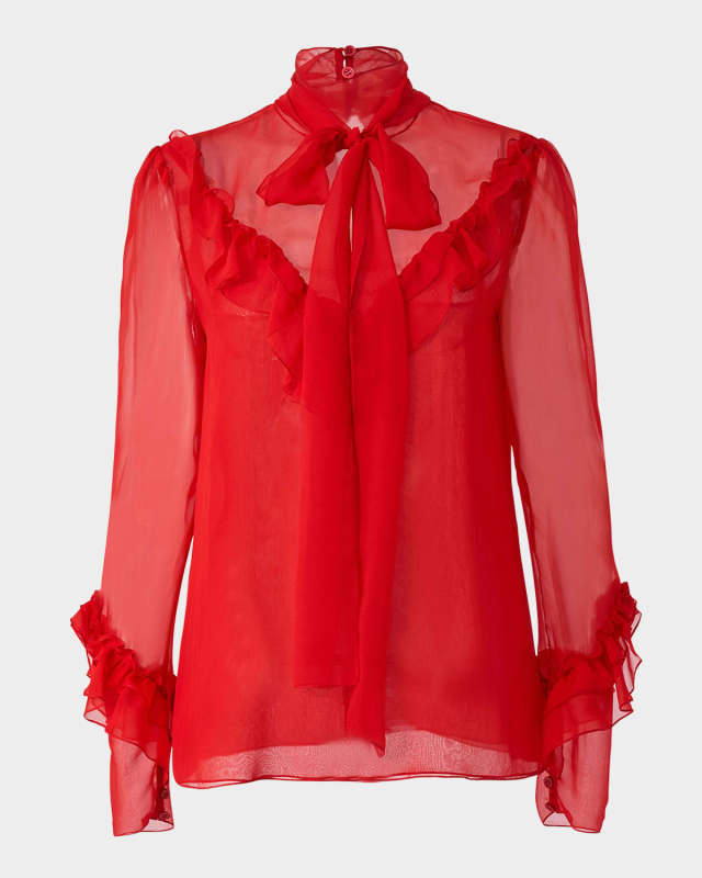 Bow Turtleneck Ruffled Silk Top